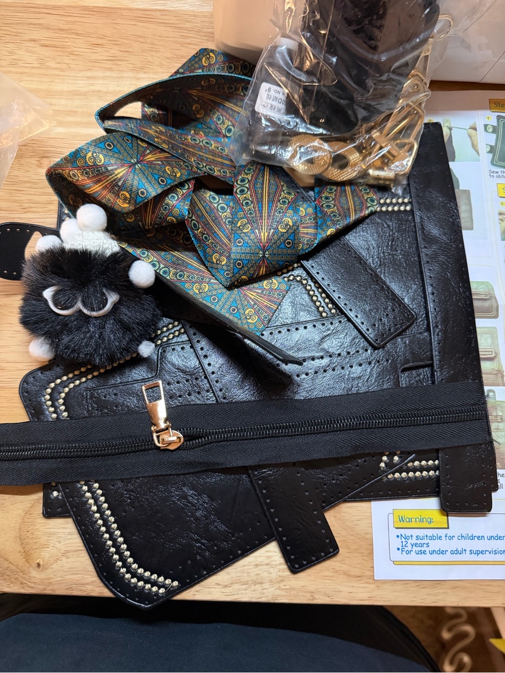 Womens Black Faux Leather Crossbody Bag DIY Kit with Pom Pom Charm